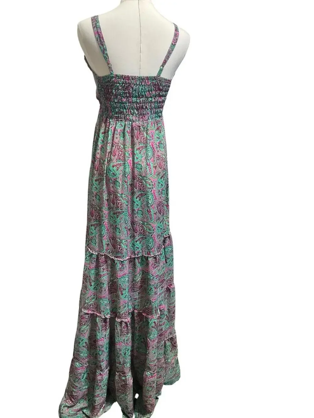 Rhea Paisley Maxi Dress NWT One Size S-L Pink Green Boho Tiered Smocked Strappy